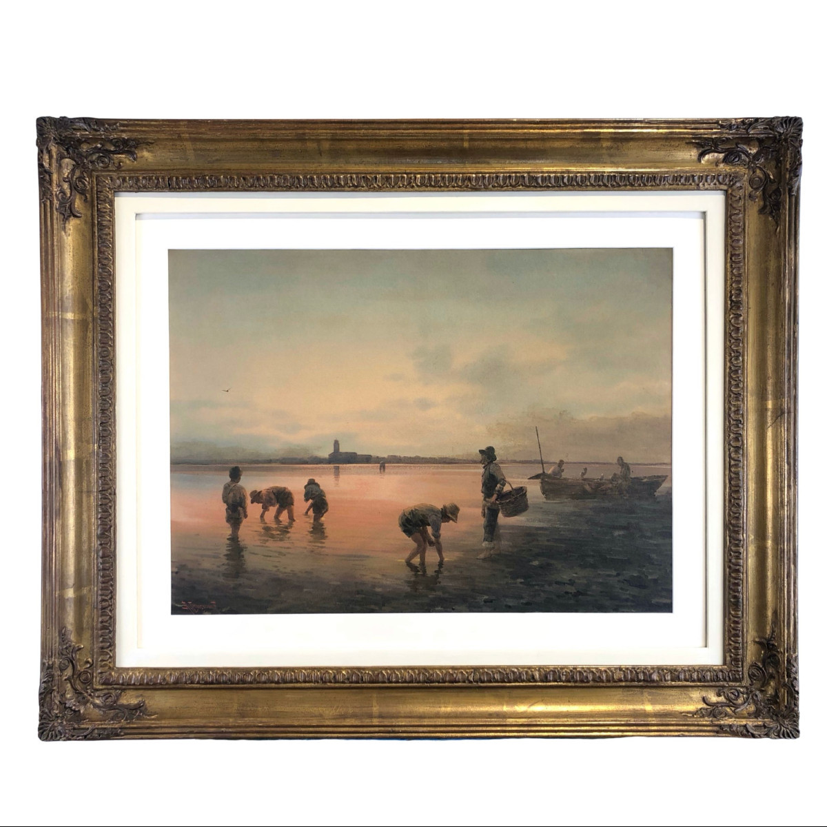 Aquarelle « Pêcheurs dans la lagune de Venise », Alberto Prosdocimi, XXe siècle