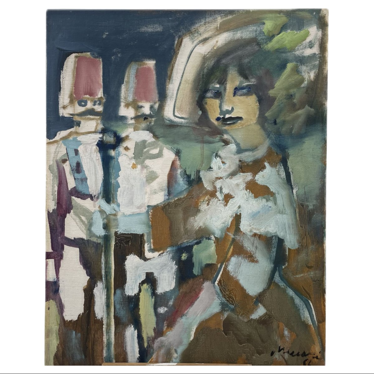 Oil On Canvas Mounted On Board By Mino Maccari, “signorina”, 1966