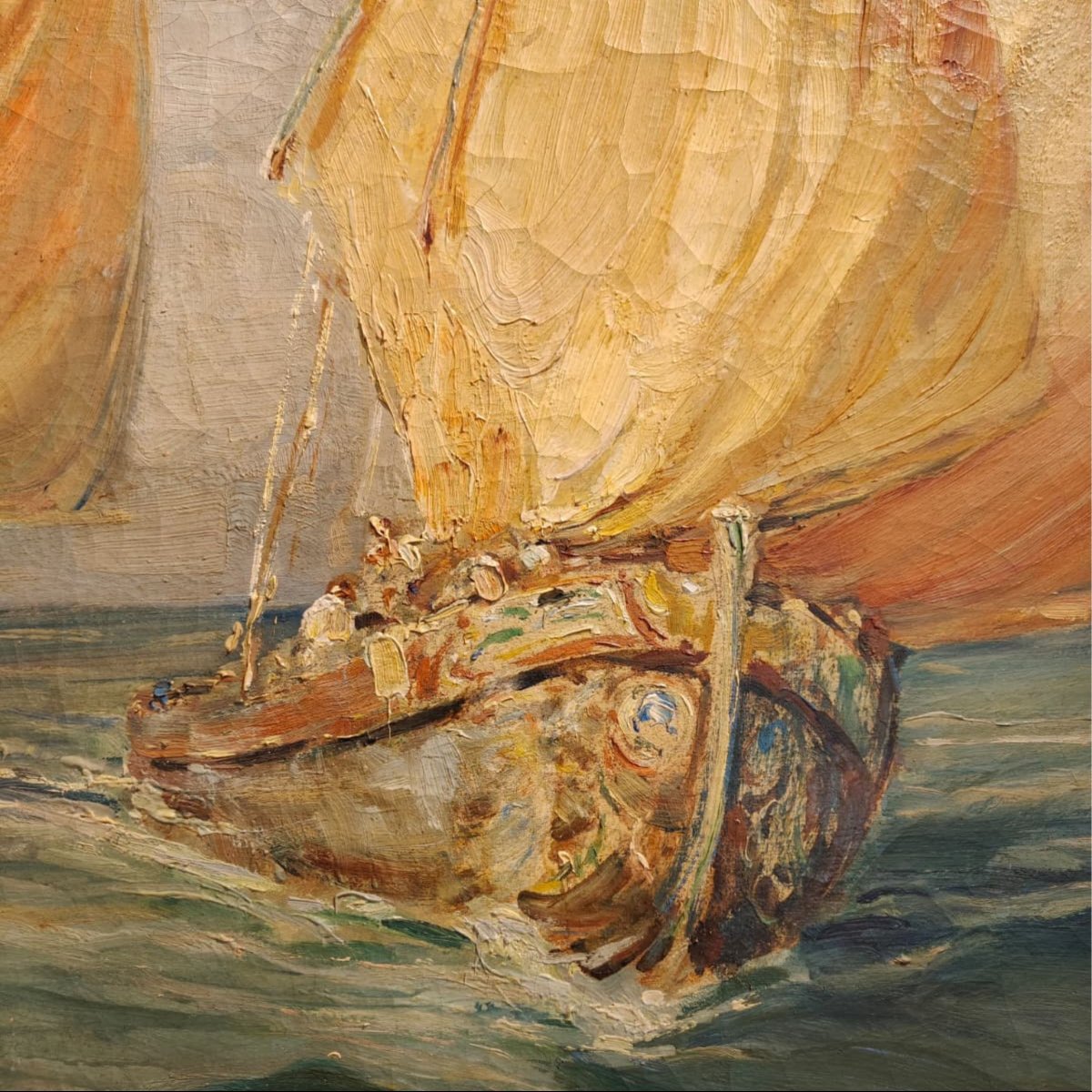 Angelo Brombo, Oil On Canvas, Two Bragozzo Sailing Boats Offshore, Circa 1920-photo-1