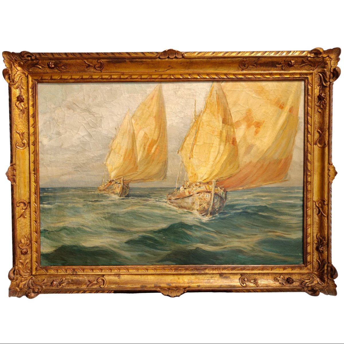 Angelo Brombo, Oil On Canvas, Two Bragozzo Sailing Boats Offshore, Circa 1920