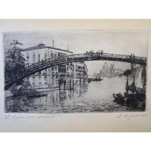 Engraving "the New Accademia Bridge" By Emanuele Brugnoli, 1920s