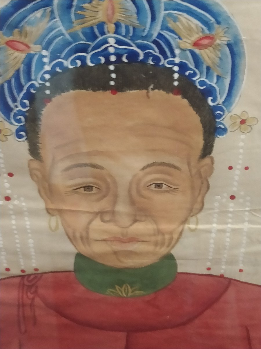 Large Portrait Of Ancestors China 20th Century Painting On Paper -photo-2