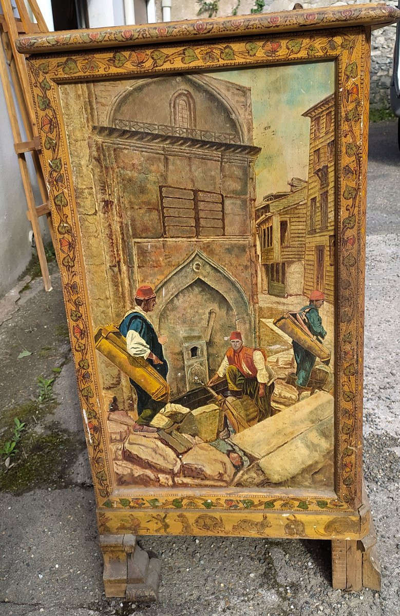 Meuble pyrogravé  et décoré de scènes orientales, rarissime , A VOIR N°1-photo-1