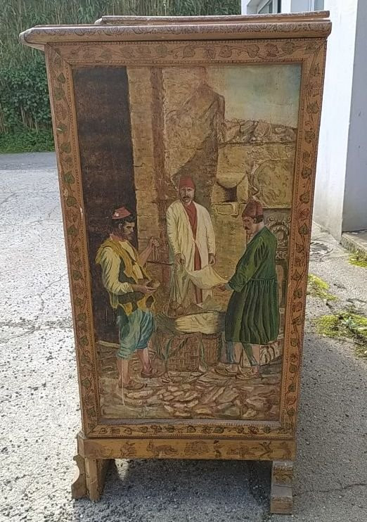 Meuble pyrogravé  et décoré de scènes orientales, rarissime , A VOIR N°1-photo-2