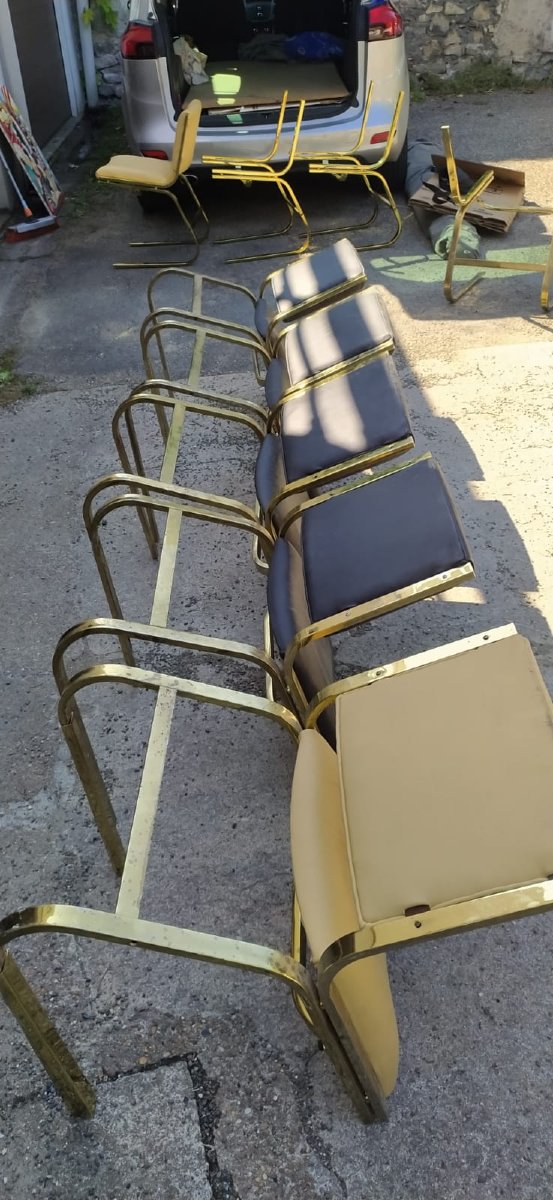 DLG de willy Rizzo  chaises laitonnées sur acier 1970, modele rare, 4 , 6 ou 9 chaises-photo-4