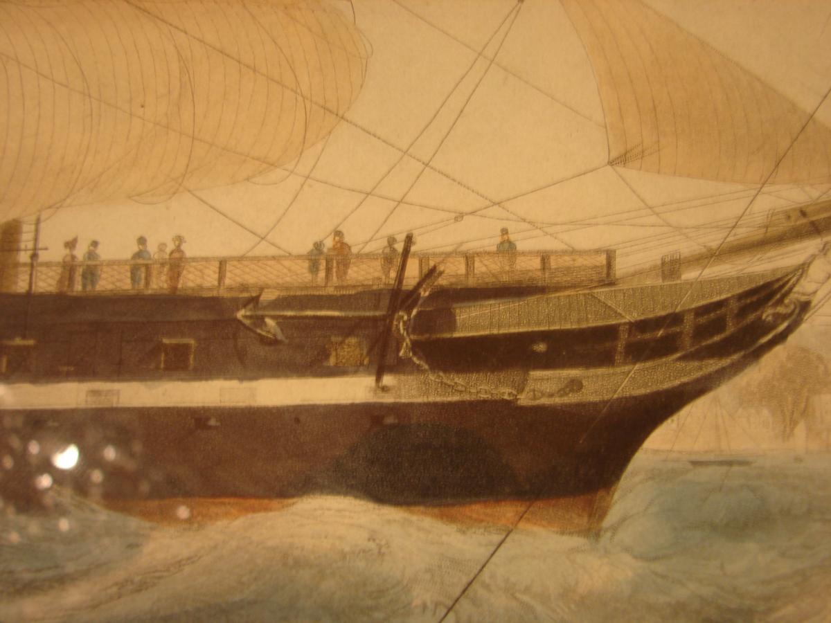 estampe couleur 1840 "steam ship "president" cadre acajou