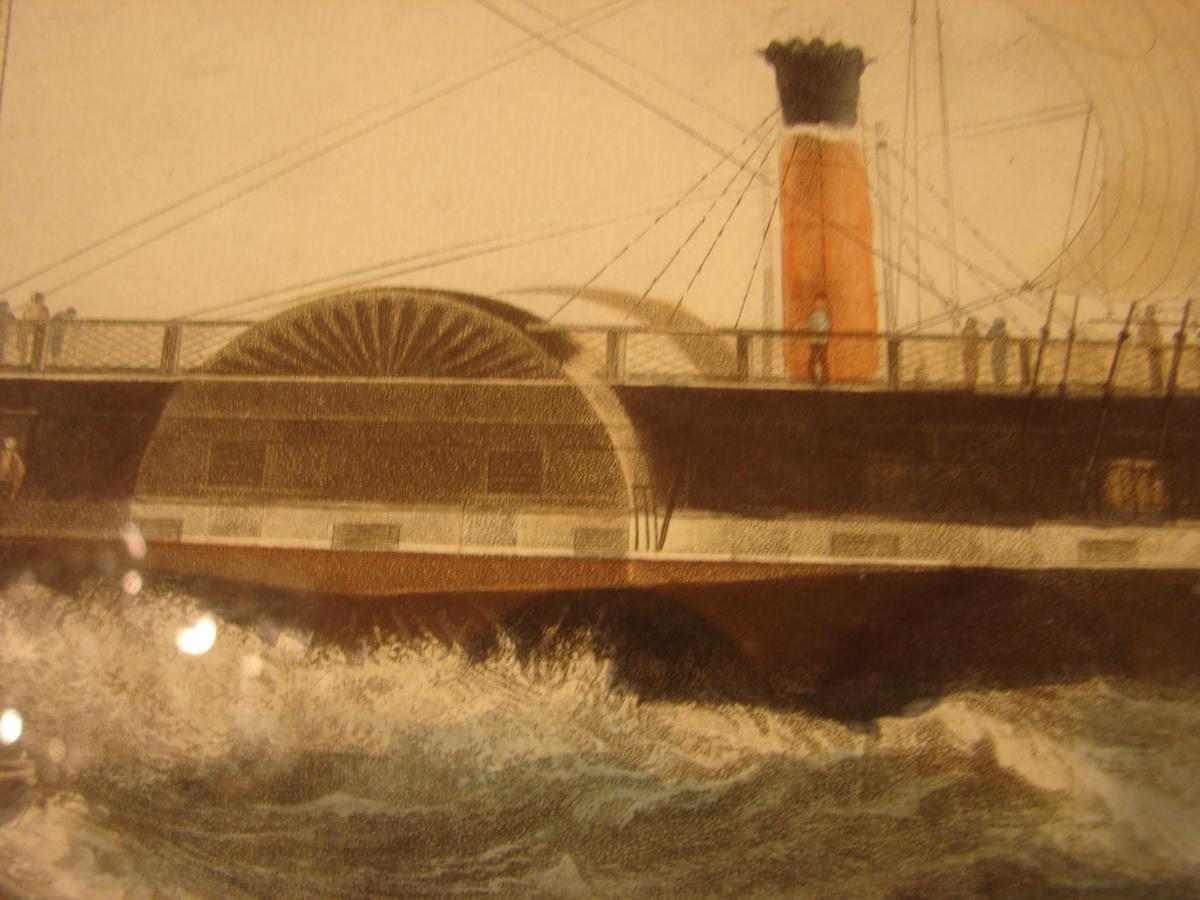 estampe couleur 1840 "steam ship "president" cadre acajou-photo-3
