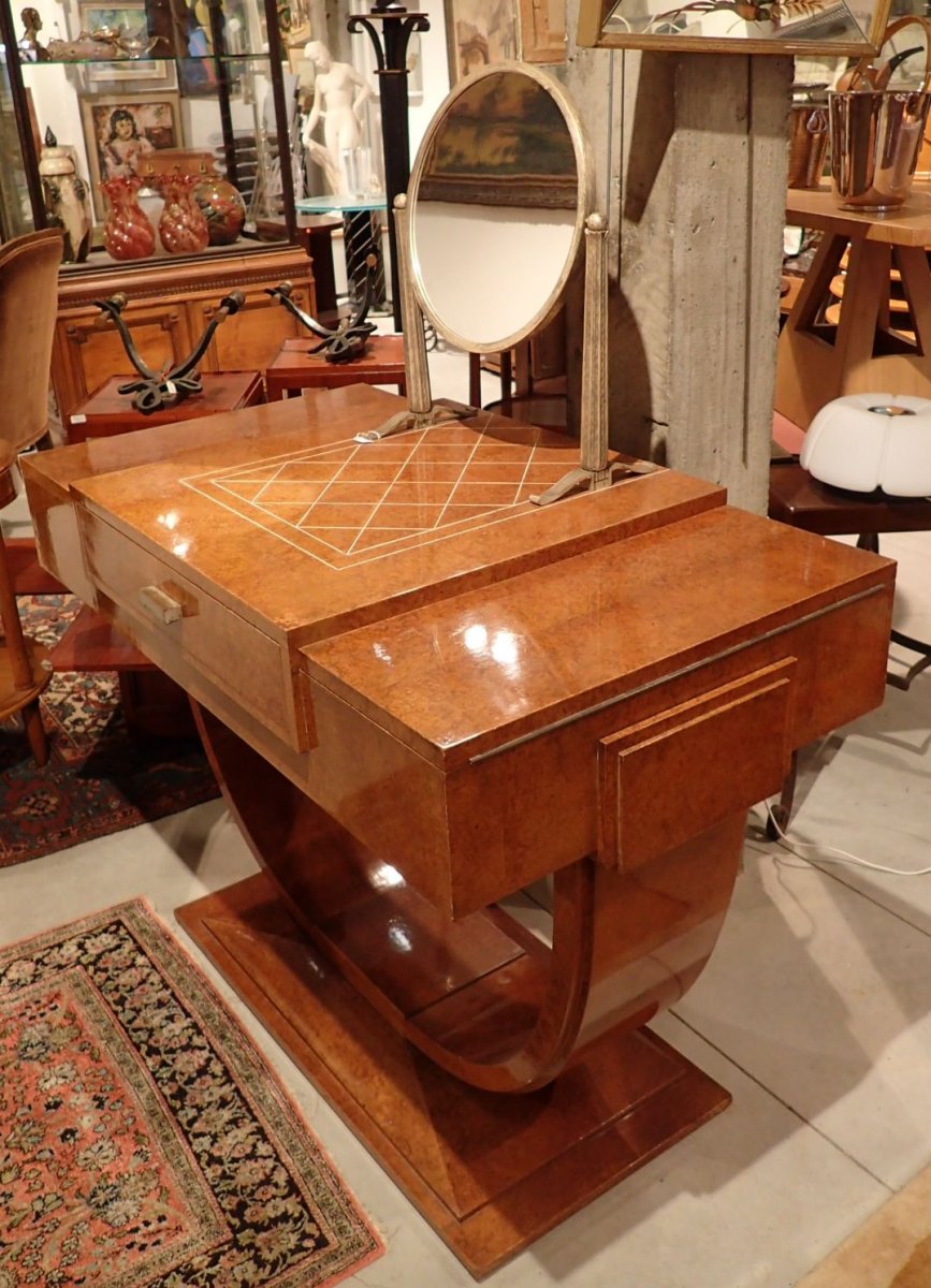 Art Deco Dressing Table, Dlg De Ruhlmann, Ivory, Silver Bronze, Amboyna And Sycamore-photo-2