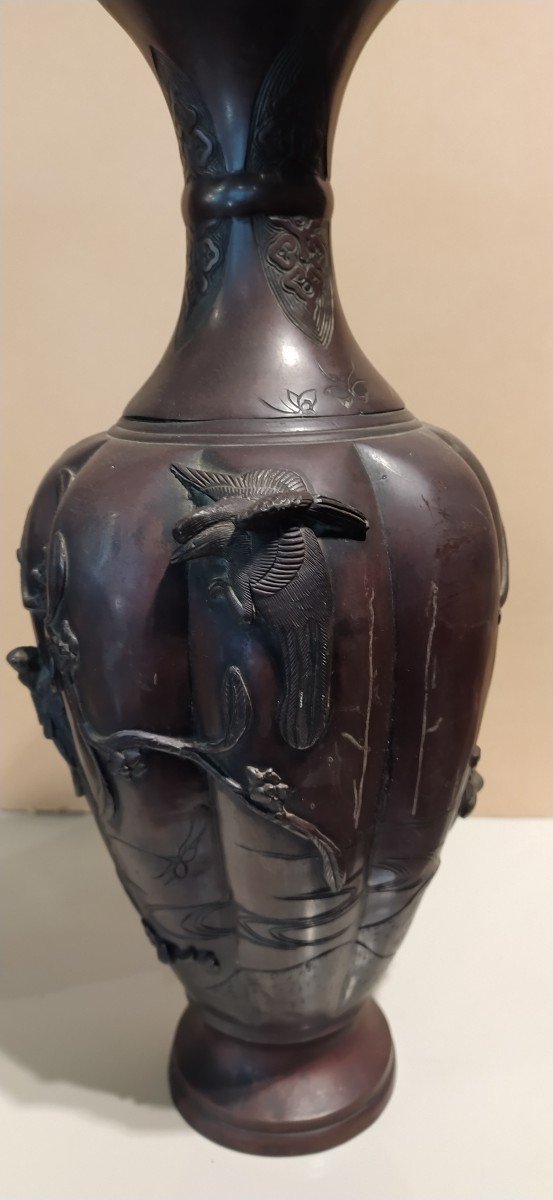 Paire De  Vases En Bronze à Decors d'Oiseaux époque Meiji-photo-1