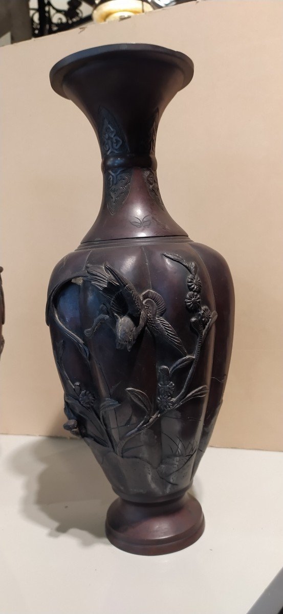 Paire De  Vases En Bronze à Decors d'Oiseaux époque Meiji-photo-7