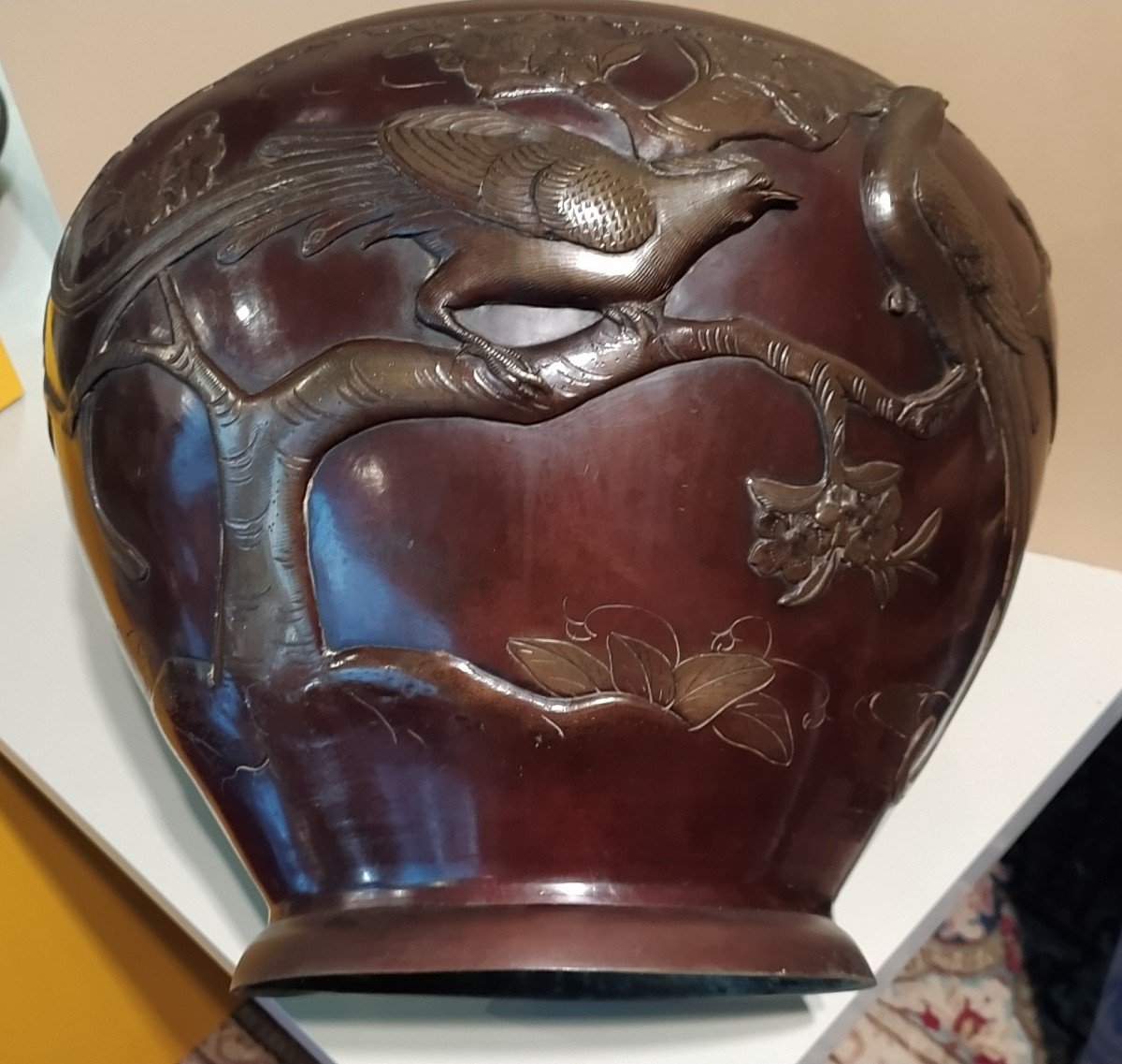 Grand Cache Pot époque Meiji En Bronze à Décor d'Oiseaux Japon 19eme-photo-3