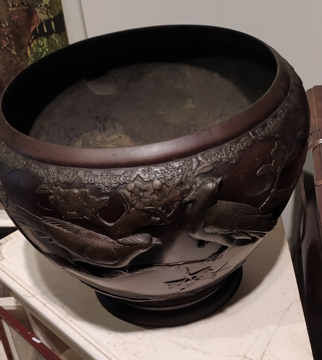 Large Cache Pot Meiji Period In Bronze Decorated With Birds Japan 19th-photo-5