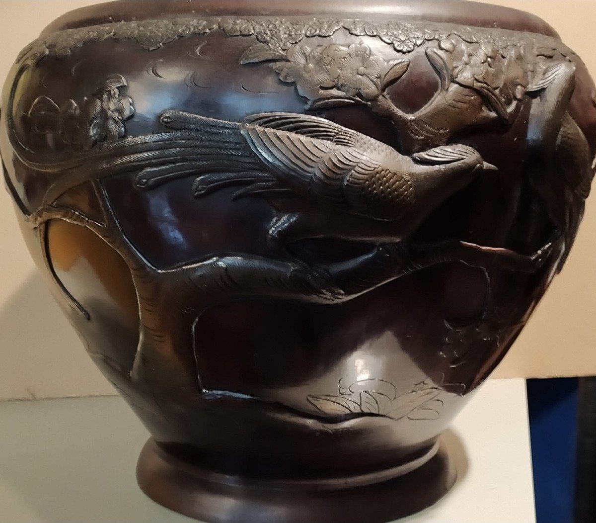 Large Cache Pot Meiji Period In Bronze Decorated With Birds Japan 19th-photo-7