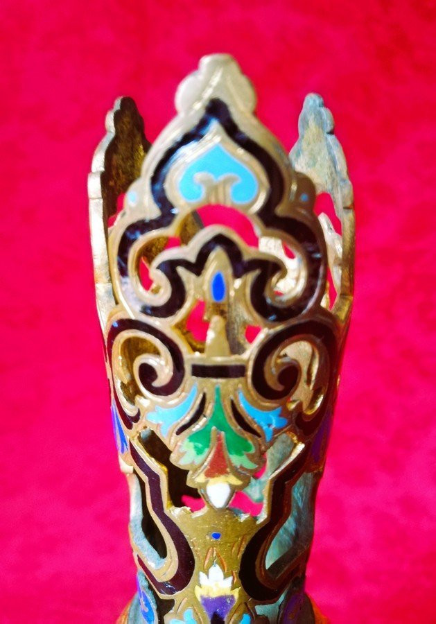 Gilded Bronze And Cloisonné Candle Holder-photo-7