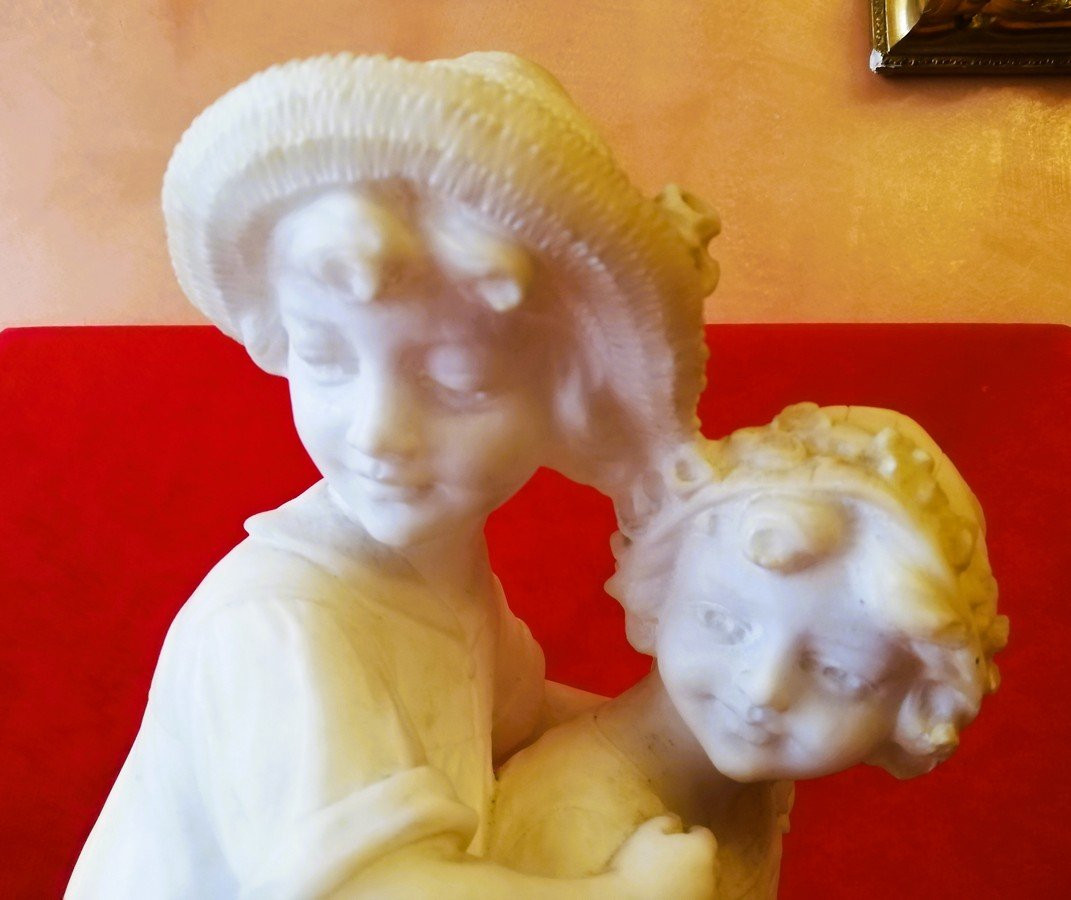 Statue deux enfants marbre et albâtre -photo-2
