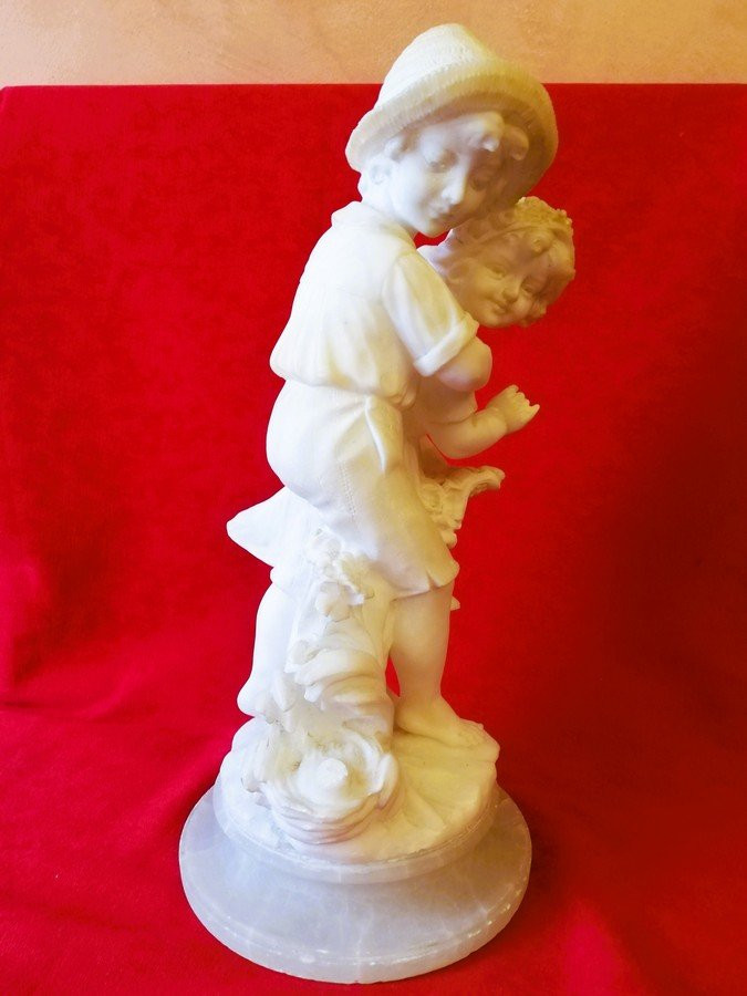 Statue deux enfants marbre et albâtre -photo-3