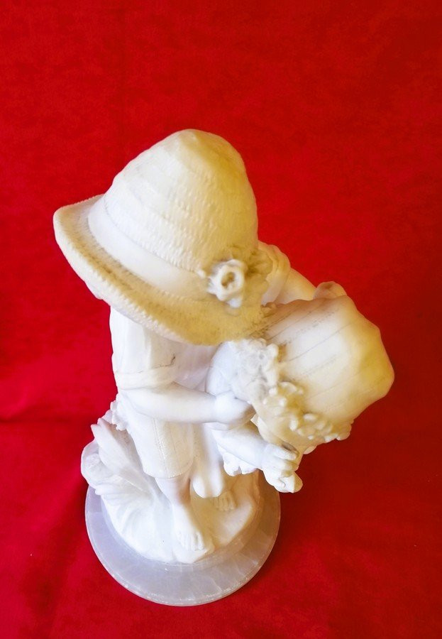 Statue deux enfants marbre et albâtre -photo-4