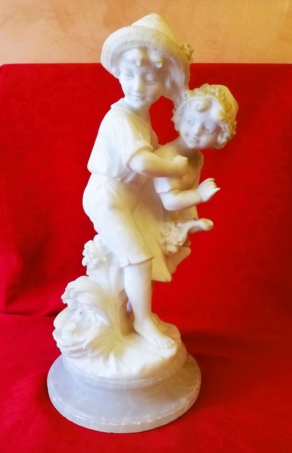 Statue deux enfants marbre et albâtre 