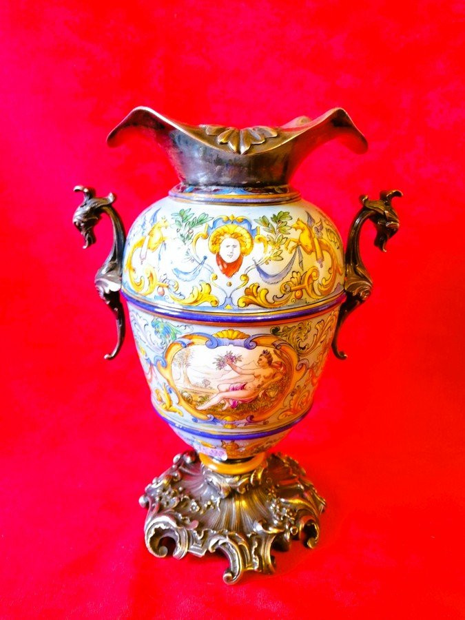 Decorative Porcelain Vase, Mounted In Silver-plated Metal -photo-4