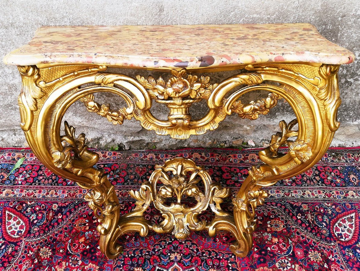 Console Louis XV rocaille en bois doré-photo-7