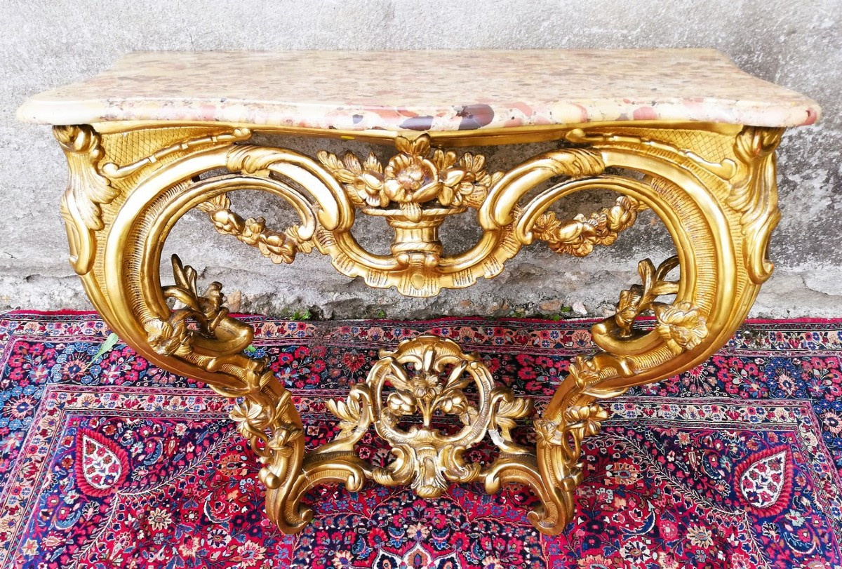 Console Louis XV rocaille en bois doré