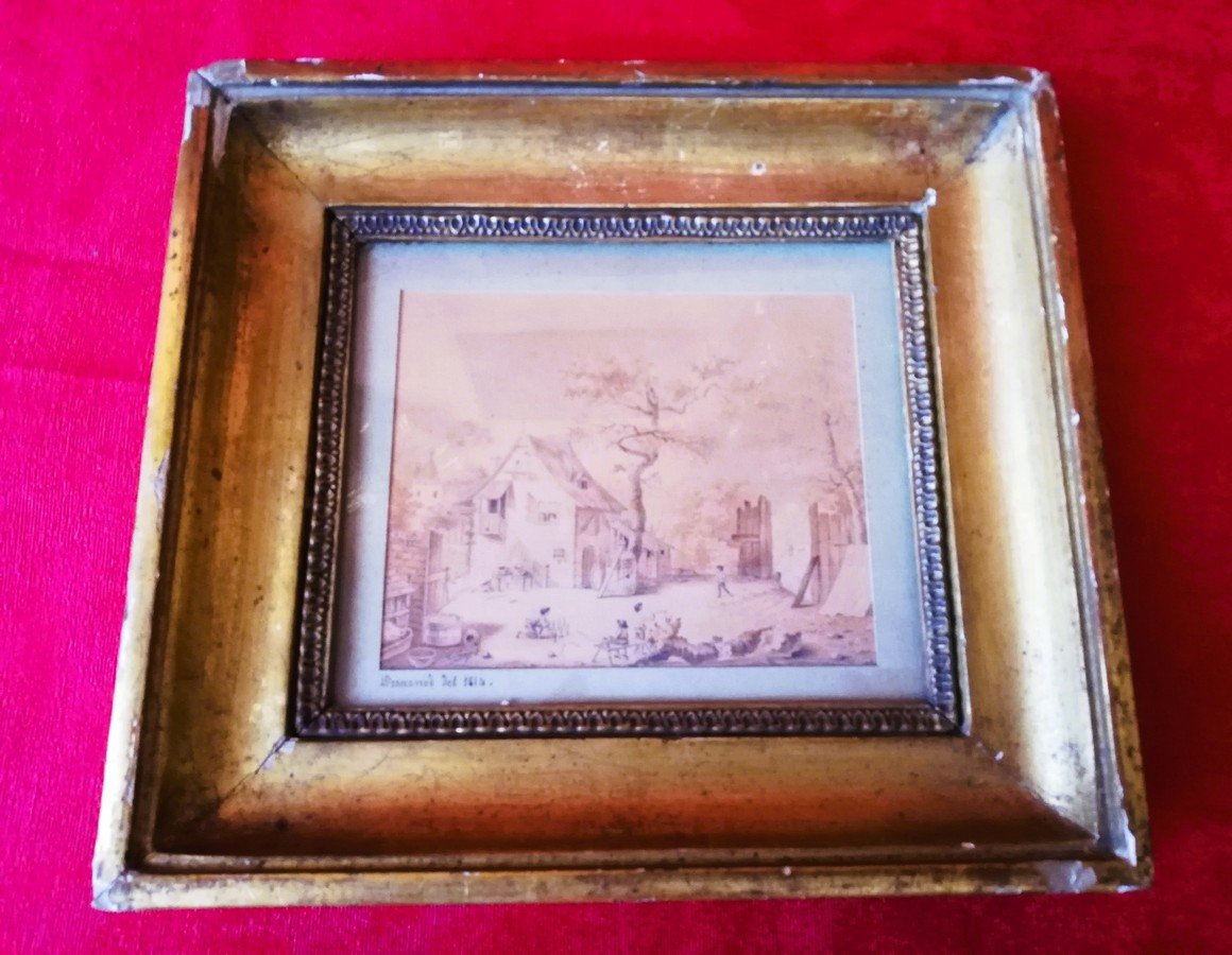 Paire de dessins encadrés signés époque Empire  -photo-2