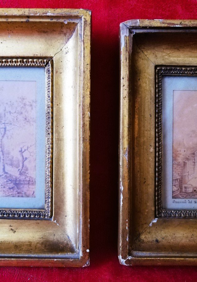 Paire de dessins encadrés signés époque Empire  -photo-7