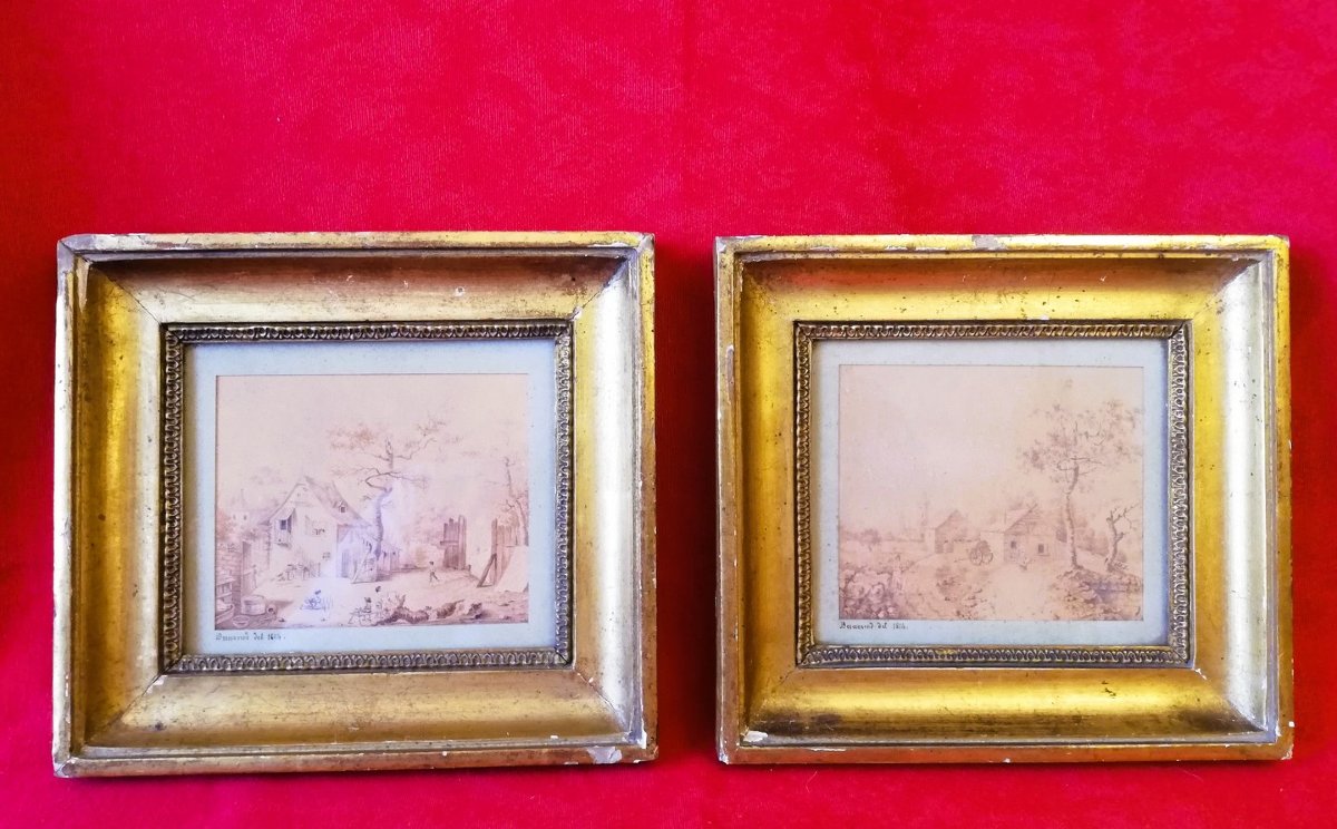 Paire de dessins encadrés signés époque Empire  