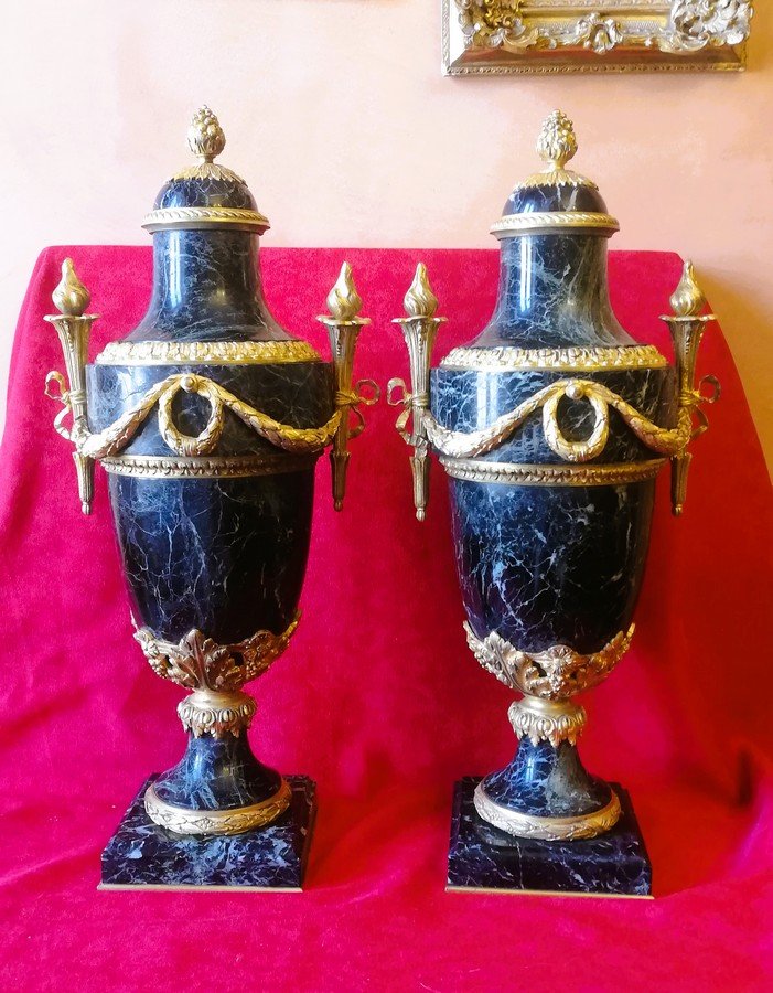 Pair Of Sea-green And Gold-toned Bronze Cassolettes 