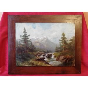 Oil On Panel Mountain Landscape 
