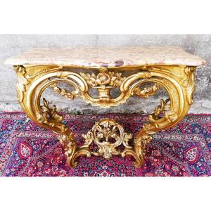 Louis XV Rocaille Console In Gilded Wood