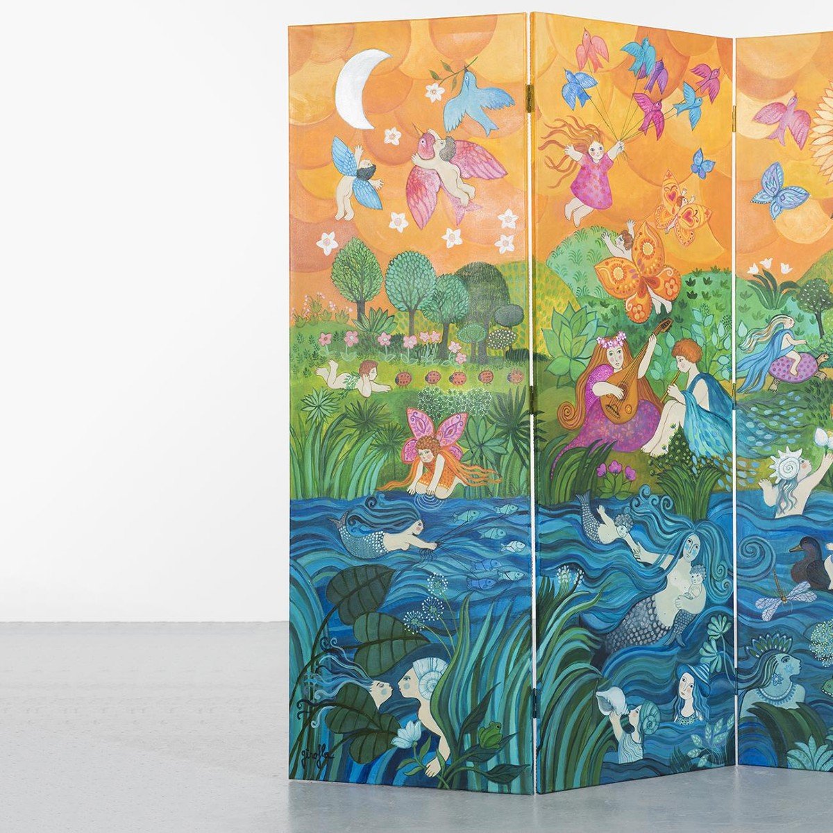 Bucolic Hand Painted Screen By Girofla, France, Circa 1990-photo-3