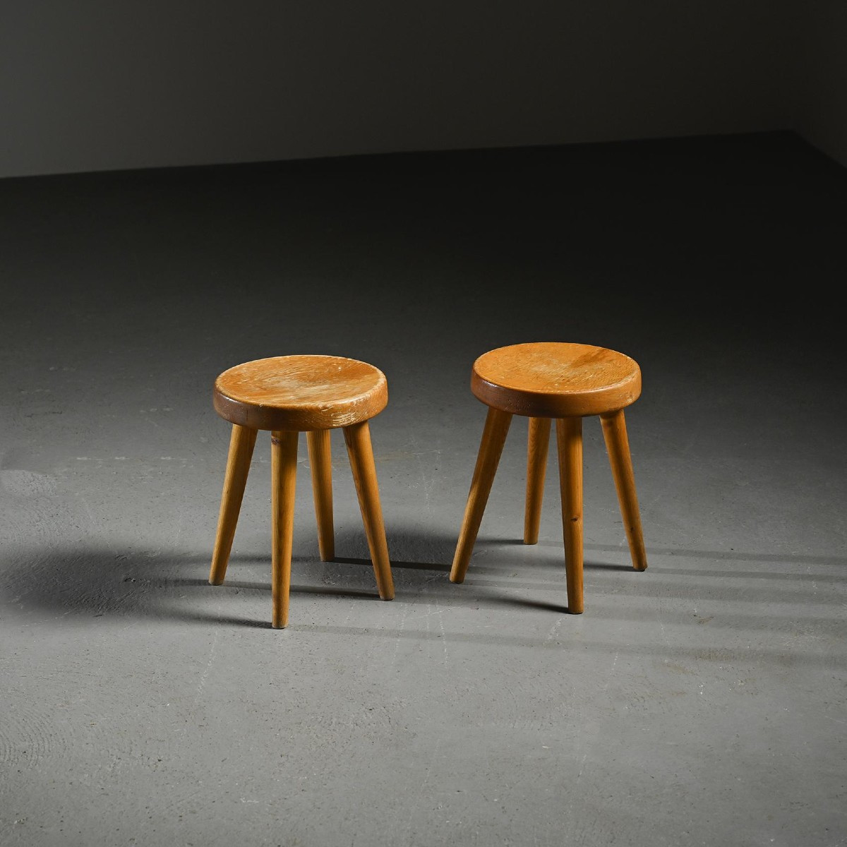 Pair Of Pine Stools By René Martin, France, Circa 1965 
