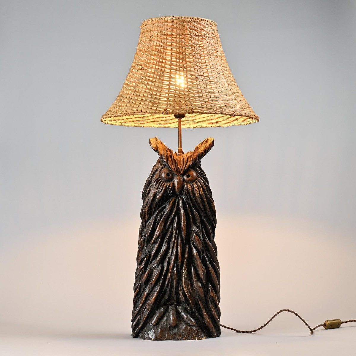  Carved Wood Owl Table Lamp By Beal, Circa 1970 
