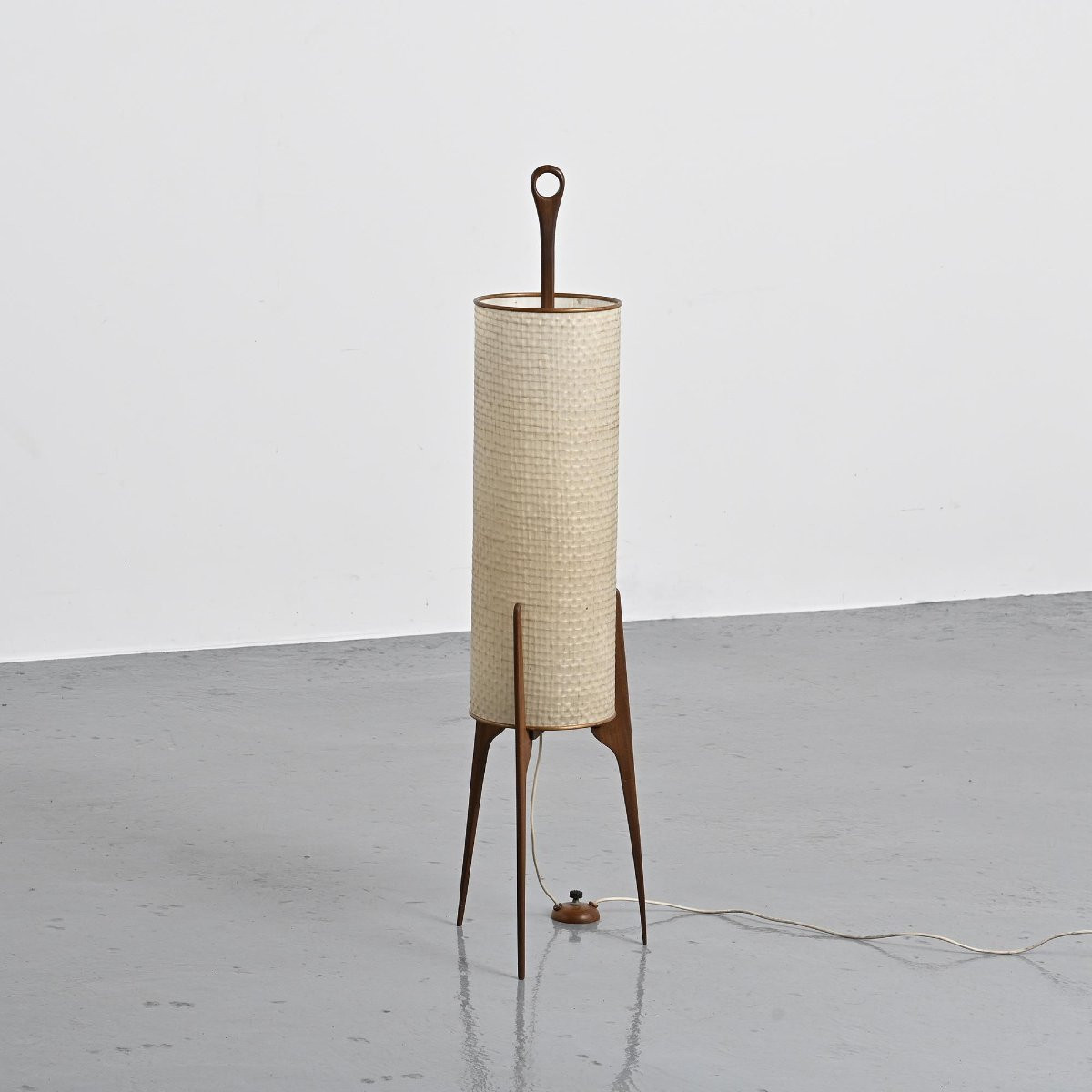 "rocket" Floor Lamp In Wood, Brass And Woven Fibers, Circa 1960 -photo-2