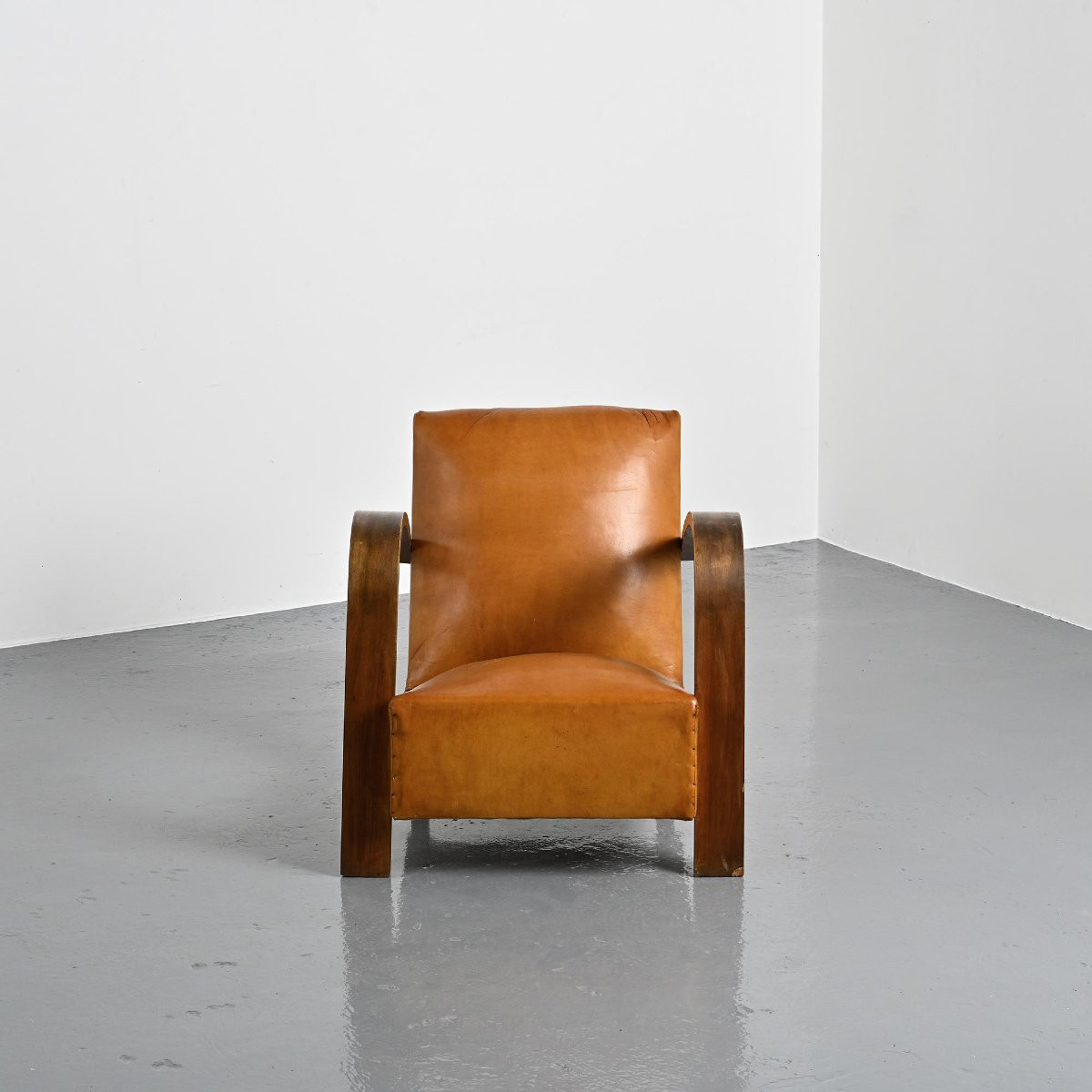 Art Deco Club Armchair In Havana Leather, Circa 1940-photo-4