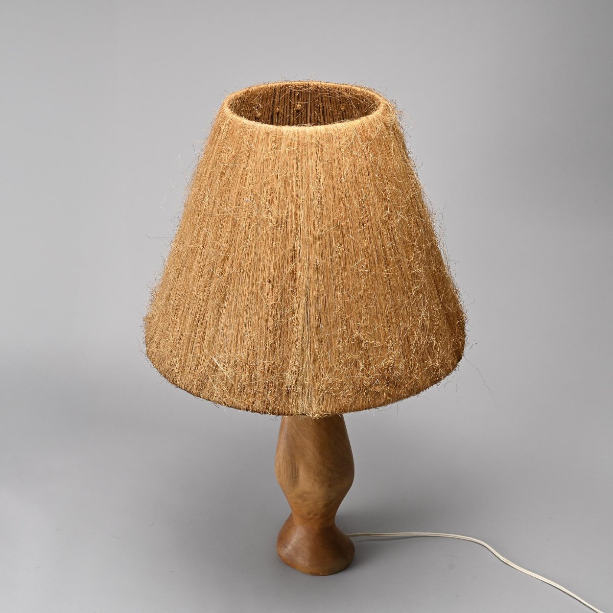 Lampe en bois tourné et fibre naturelle, France, circa 1960-photo-2