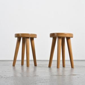 Paire De Tabourets En Pin Par René Martin, France, Circa 1965 
