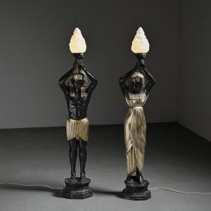 Pair Of Egyptian-style Bronze Torchères By Maison Jansen, Circa 1970