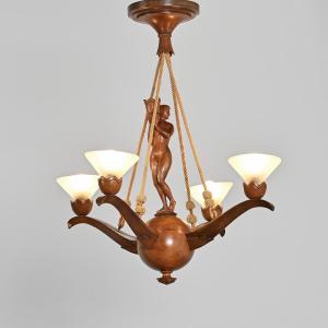 Carved Oak Chandelier,  France 1920s