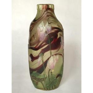 Christian Désiré For Burgun Schverer & Co: Glass Vase Decorated With Cyclamen