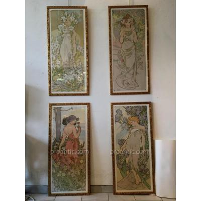 A Set Of Four Original Lithographs By Alphonse Mucha "the Flowers", Circa 1898