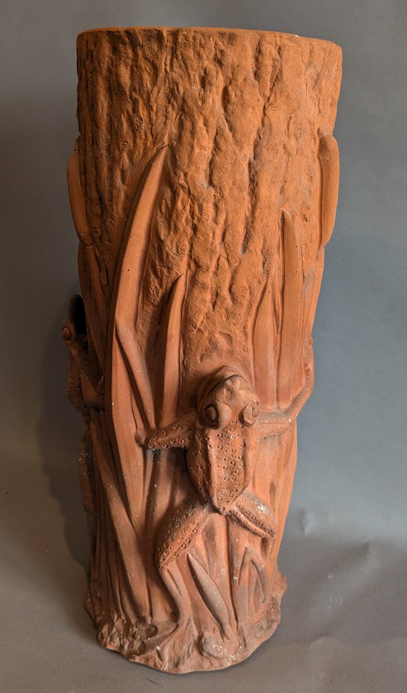 Art Nouveau Terracotta Umbrella Stand Decor With Frogs-photo-2