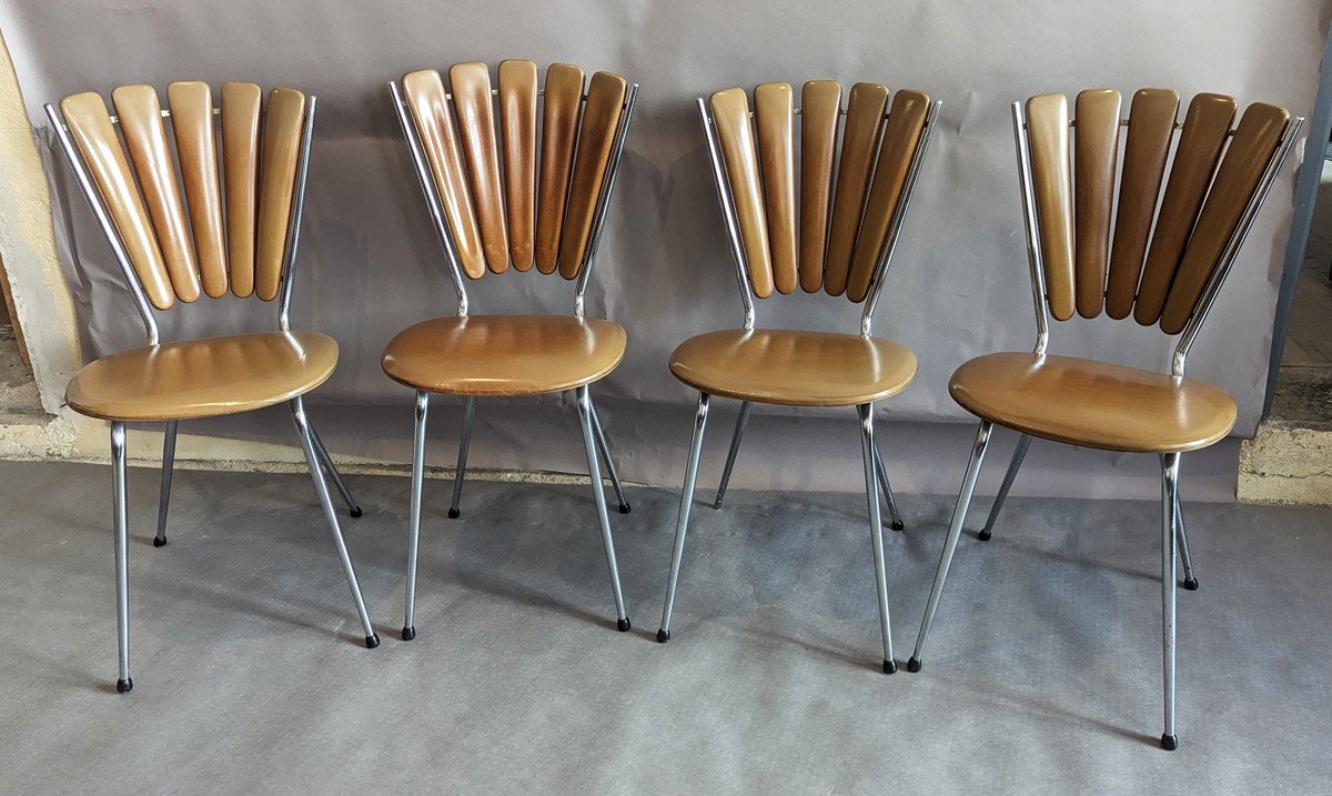4 Chaises éventail Vintage En Skaï Brun