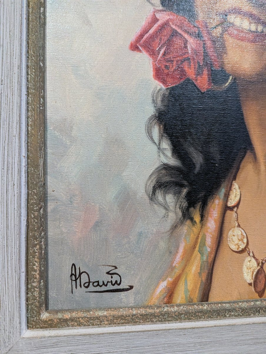 Huile Sur Toile De André David "Jeune gitane à la rose"-photo-4