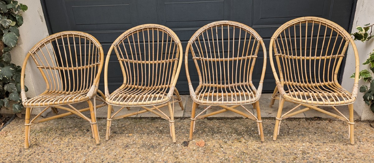 4 fauteuils rotin années 70
