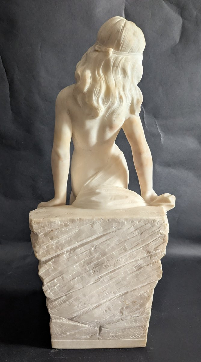 Giuseppe BESSI (1857-1922) "Jeune fille nue appuyée à un rocher" Albâtre-photo-3