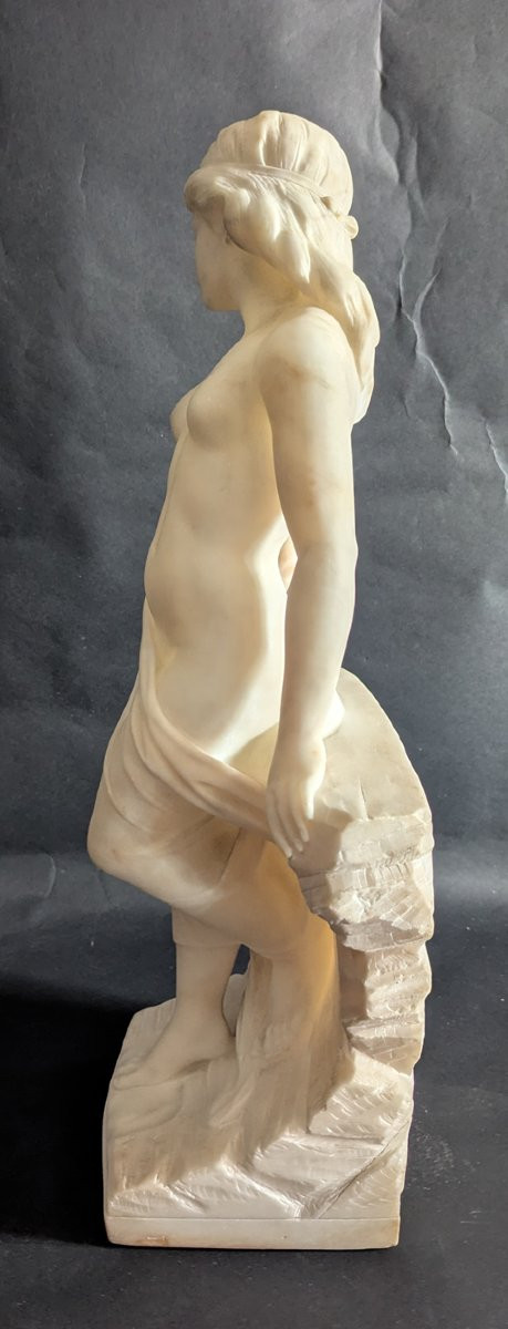 Giuseppe BESSI (1857-1922) "Jeune fille nue appuyée à un rocher" Albâtre-photo-4