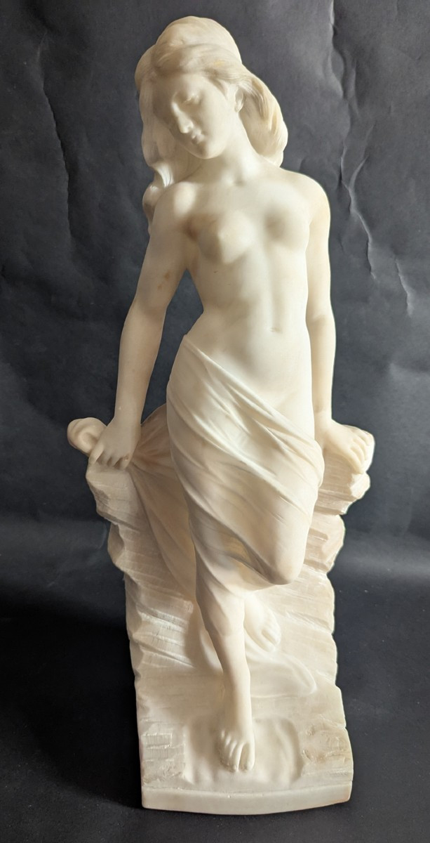 Giuseppe BESSI (1857-1922) "Jeune fille nue appuyée à un rocher" Albâtre