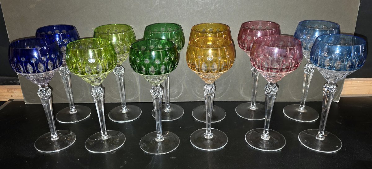 12 verres du Rhin de couleur en cristal taillé-photo-1